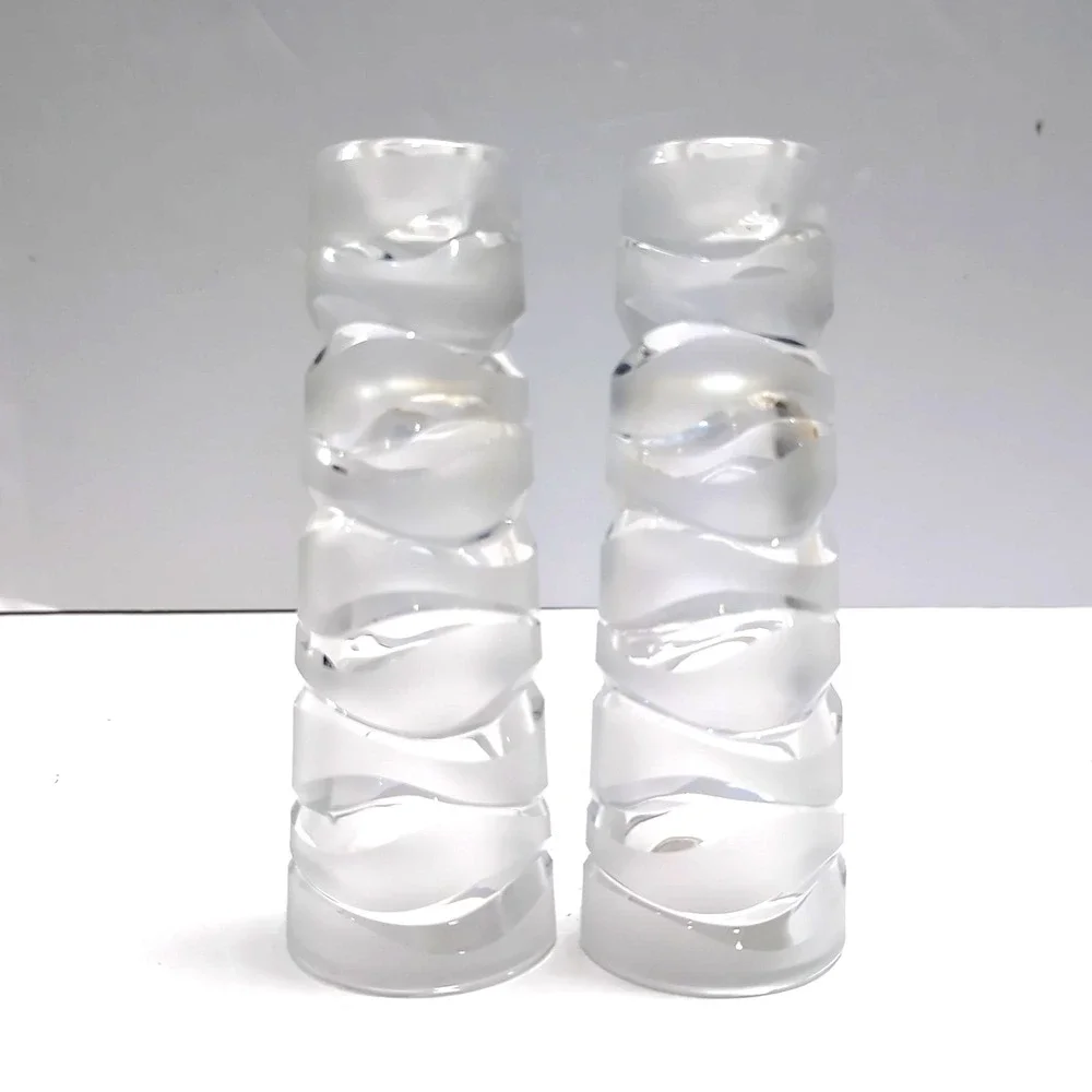 Pair JG Durand Art Deco Clear/Satin Frosted Candlesticks‎ for Taper Candles
